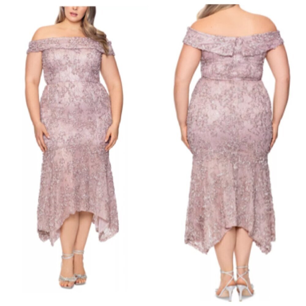 Xscape Plus Size 22W Off-the-Shoulder High-Low Hem Mermaid Dress in Taupe